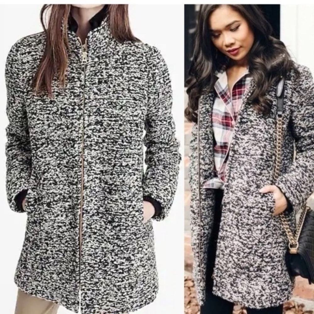 J Crew Coat Italian Wool Lodge Zip Up in Boucle Speckled Black White
